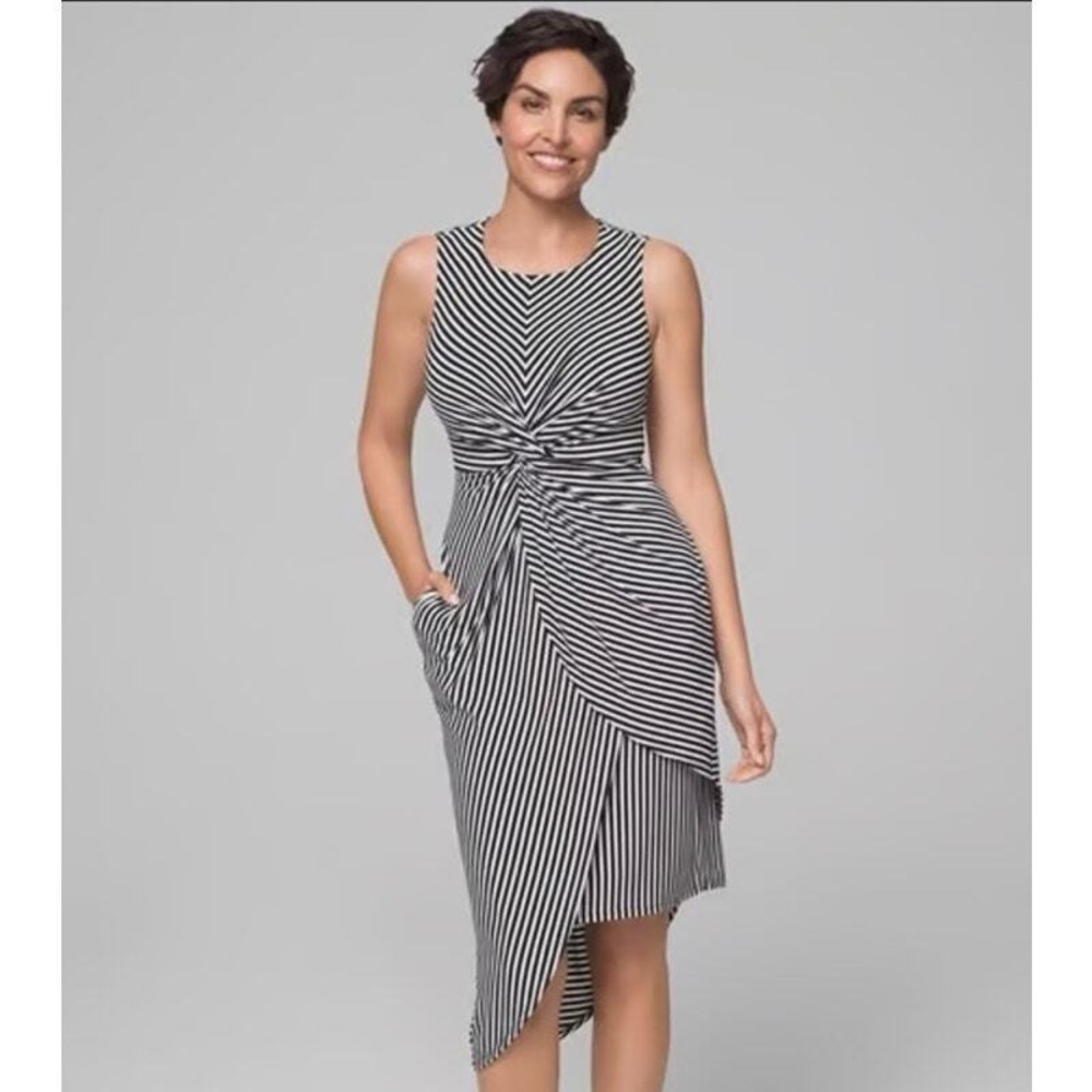 Soma Asymmetrical twist waist dress midi noir stripe Black and White Dress‎